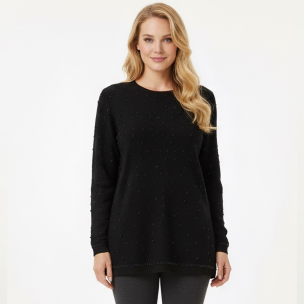 Talbots Petites Sparkly Beaded 100% Merino Wool black Sweater Size Small